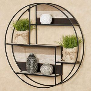 touch of class delray urban floating circle wall shelf - black - metal framework - decorative shelving decor for bedroom, living room - wooden plank accent - round openwork display area