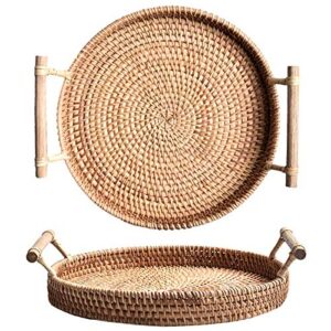 yangqihome rattan round bread serving basket handcrafted bread serving tray platter with wooden handle (11 inch / 28cm)