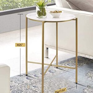 Moncot Round Side Table Small：Gold end Table White Side Table Marble Side Tables for Living Room Bedroom Glass Top Faux Marble TextureModern Brass Metal Frame