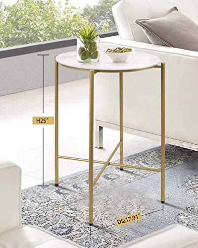 Moncot Round Side Table Small：Gold end Table White Side Table Marble Side Tables for Living Room Bedroom Glass Top Faux Marble TextureModern Brass Metal Frame