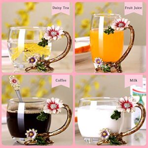 JY-Danbady Enamel Sunflower Crystal Lead-Free Glass Tea Cup with Spoon Set, Present for The Christmas, Valentine's Day.Best Present for Mother, Grandma, Girlfriend, Sister.