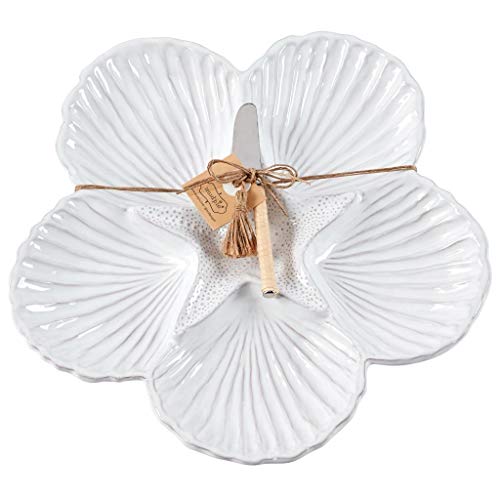 Mud Pie Shell Sectional Platter, 2 Piece Set, White, platter 12" dia | spreader 5 1/2", Seashell