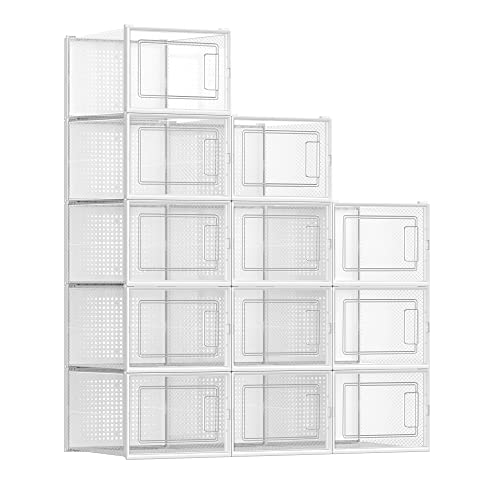 SONGMICS Shoe Boxes, Pack of 12 Shoe Storage Organizers, Stackable Clear Plastic Boxes for Closet, Sneakers, 9.9 x 13.7 x 7.4 Inches, Fit up to US Size 13, Transparent and White ULSP12MWT