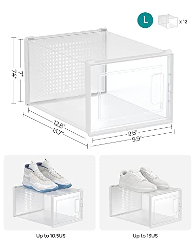 SONGMICS Shoe Boxes, Pack of 12 Shoe Storage Organizers, Stackable Clear Plastic Boxes for Closet, Sneakers, 9.9 x 13.7 x 7.4 Inches, Fit up to US Size 13, Transparent and White ULSP12MWT