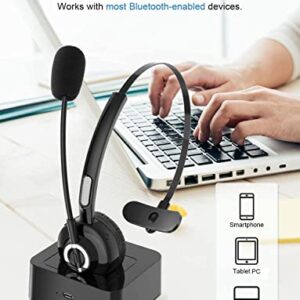 Sanfant Trucker Bluetooth Headset, V5.0 Bluetooth Headset with Microphone Noise Canceling, 18hr Talktime Wireless Headset with Standing Dock, Car Bluetooth Headset for Cell Phone/Laptop/Tablet