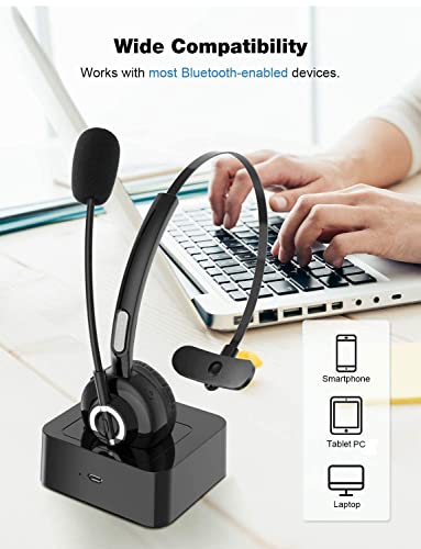 Sanfant Trucker Bluetooth Headset, V5.0 Bluetooth Headset with Microphone Noise Canceling, 18hr Talktime Wireless Headset with Standing Dock, Car Bluetooth Headset for Cell Phone/Laptop/Tablet