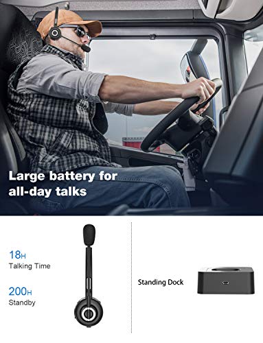 Sanfant Trucker Bluetooth Headset, V5.0 Bluetooth Headset with Microphone Noise Canceling, 18hr Talktime Wireless Headset with Standing Dock, Car Bluetooth Headset for Cell Phone/Laptop/Tablet