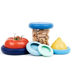 food huggers 5pc reusable silicone food savers | bpa free & dishwasher safe | fruit & vegetable produce storage for onion, tomato, lemon, banana, cans & more | round, ice blue