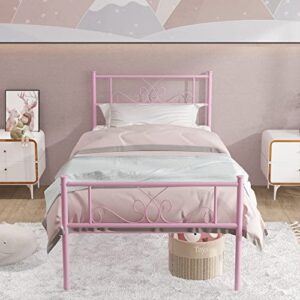 weehom platform steel bed frame with 6 legs mattress foundation heavy duty bed steel slat support easy assemble kids adults(twin size),pink