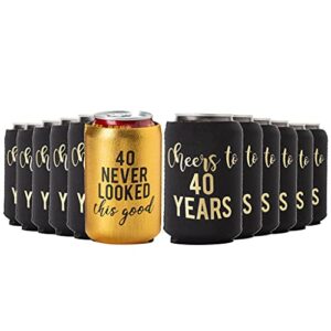 cheers to 40 years and 1 metallic gold 40 never looked so good birthday party can coolies, set of 12, black and gold 40th birthday cooler, perfect for birthday parties or birthday decorations