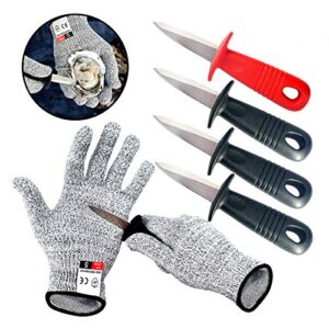 oyster knives with grey cut resistant gloves set, oyster shucking knife with black plastic non-slip handle, opener kit tools for oyster clam shellfish seafood