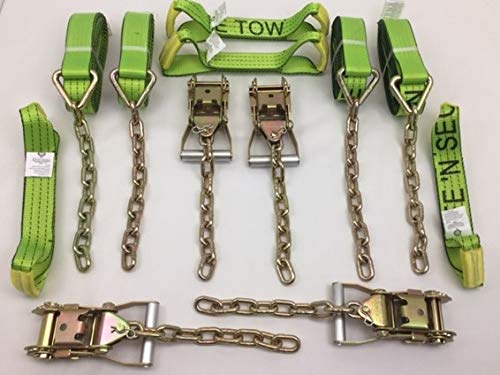 8 Point Heavy Duty TECNIC Strap Kit for Rollback / Flatbed Tie Downs with 12" Chain Tail