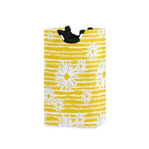 One Bear Flower Laundry Basket Cute Daisy Chamomiles Flowers Floral Yellow and White Stripes Foldable Large Laundry Hamper Bucket with Handles Collapsible Nursery Storage Bin for Kids Clothes Toy