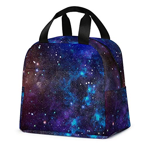 Outer Space Galaxy Lunch Bag, Reusable Tote Bag Lunch Box for Boys and Girls, Insulated Cooler Box Lunch Container with Front Pocket for Women Men Outdoor Picnic Fishing Travel Work (Midnight Blue)