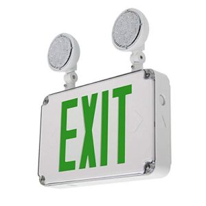 lfi lights | wet location rated combo green exit sign with emergency lights | white housing | all led | two adjustable round heads | hardwired with battery backup | ul listed | wltcombo-g
