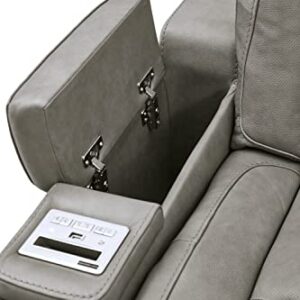 Signature Design by Ashley The Man-Den Leather Power Reclining Loveseat with Center Console, Adjustable Headrest & Wireless Charging, Gray