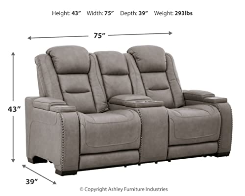 Signature Design by Ashley The Man-Den Leather Power Reclining Loveseat with Center Console, Adjustable Headrest & Wireless Charging, Gray