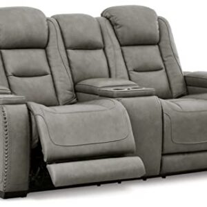 Signature Design by Ashley The Man-Den Leather Power Reclining Loveseat with Center Console, Adjustable Headrest & Wireless Charging, Gray