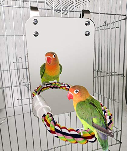 BWOGUE 7 Inch Bird Mirror with Rope Perch Cockatiel Mirror for Cage Bird Toys Swing Parrot Cage Toys for Parakeet Cockatoo Cockatiel Conure Lovebirds Finch Canaries