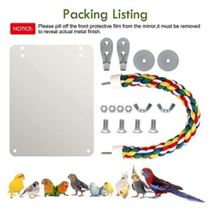 BWOGUE 7 Inch Bird Mirror with Rope Perch Cockatiel Mirror for Cage Bird Toys Swing Parrot Cage Toys for Parakeet Cockatoo Cockatiel Conure Lovebirds Finch Canaries