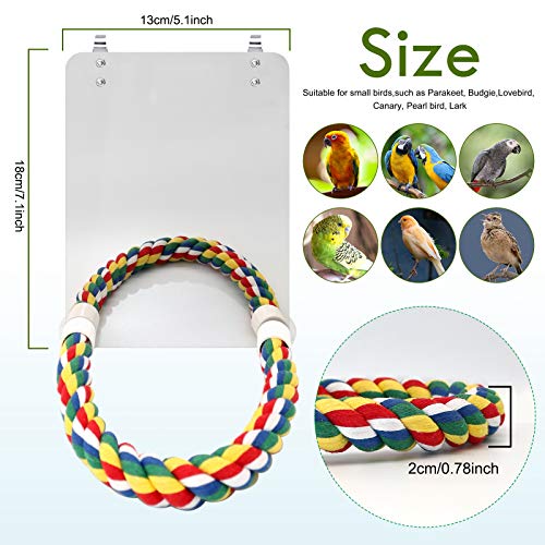 BWOGUE 7 Inch Bird Mirror with Rope Perch Cockatiel Mirror for Cage Bird Toys Swing Parrot Cage Toys for Parakeet Cockatoo Cockatiel Conure Lovebirds Finch Canaries