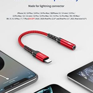 JSAUX iPhone Headphone Adapter, Lightning to 3.5mm Adapter [Apple MFi Certified] iPhone Aux Adapter Compatible with iPhone 14/14 Pro Max/13/13 Pro Max/12/12 Pro Max/11/11 Pro Max/SE/X/XR/XS/8-Red