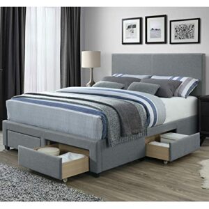 dg casa kelly panel bed frame with storage drawers and upholstered headboard, queen size in grey linen style fabric
