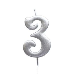 MAGJUCHE Silver 3rd Birthday Numeral Candle, Number 3 Cake Topper Candles Party Decoration for Girl Or Boy