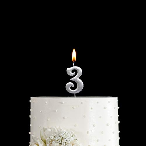 MAGJUCHE Silver 3rd Birthday Numeral Candle, Number 3 Cake Topper Candles Party Decoration for Girl Or Boy