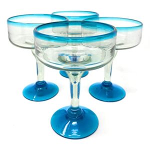 Mexican Hand Blown Glass – Set of 4 Hand Blown Margarita Glasses (16 oz) with Aqua Blue Rims