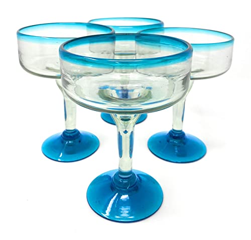 Mexican Hand Blown Glass – Set of 4 Hand Blown Margarita Glasses (16 oz) with Aqua Blue Rims