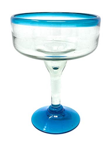 Mexican Hand Blown Glass – Set of 4 Hand Blown Margarita Glasses (16 oz) with Aqua Blue Rims