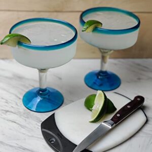 Mexican Hand Blown Glass – Set of 4 Hand Blown Margarita Glasses (16 oz) with Aqua Blue Rims