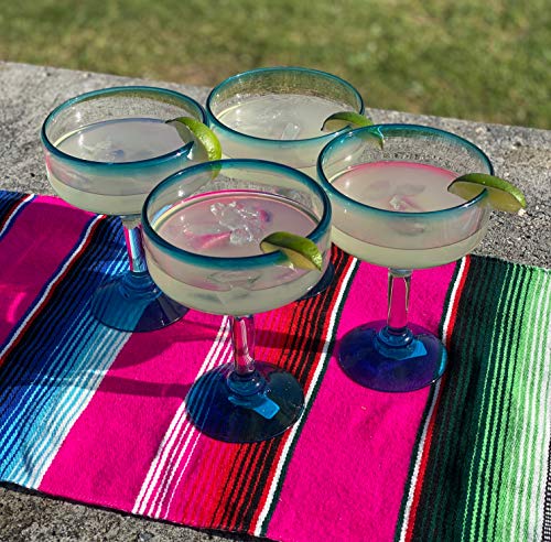 Mexican Hand Blown Glass – Set of 4 Hand Blown Margarita Glasses (16 oz) with Aqua Blue Rims