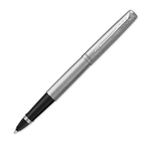 parker rollerball pen, jotter stainless steel rollerball pen, chrome trim, fine tip, black