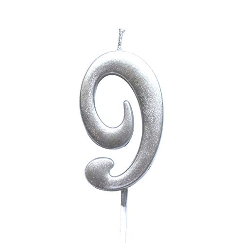 MAGJUCHE Silver 9th Birthday Numeral Candle, Number 9 Cake Topper Candles Party Decoration for Girl Or Boy