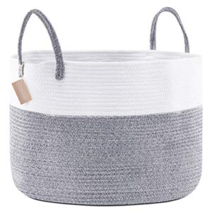 youdenova cotton rope woven laundry basket, 70l large dirty clothes hamper with handles for bedroom, bathroom, nursery (grey & white)