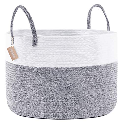 YOUDENOVA Cotton Rope Woven Laundry Basket, 70L Large Dirty Clothes Hamper with Handles for Bedroom, Bathroom, Nursery (Grey & White)