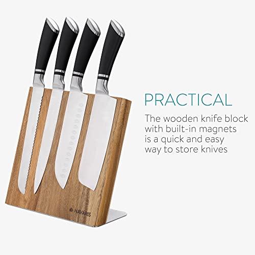 Navaris Wooden Magnetic Knife Holder - Universal Wood Magnetic Block & Organizer for Knives, Scissors, Utensils - Acacia, 9.1" x 8.9"