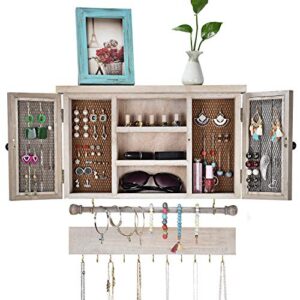 x-cosrack rustic hanging jewelry organizer,wall mounted mesh jewelry holder,for necklaces,earings, bracelets,ring holder,with removable bracelet rod,hooks,wooden barndoor decor