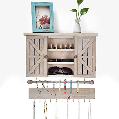 X-cosrack Rustic Hanging Jewelry Organizer,Wall Mounted Mesh Jewelry Holder,for Necklaces,Earings, Bracelets,Ring Holder,with Removable Bracelet Rod,Hooks,Wooden Barndoor Decor