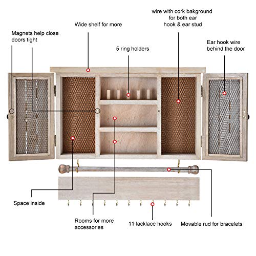 X-cosrack Rustic Hanging Jewelry Organizer,Wall Mounted Mesh Jewelry Holder,for Necklaces,Earings, Bracelets,Ring Holder,with Removable Bracelet Rod,Hooks,Wooden Barndoor Decor