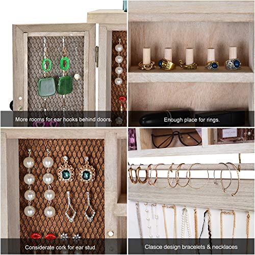 X-cosrack Rustic Hanging Jewelry Organizer,Wall Mounted Mesh Jewelry Holder,for Necklaces,Earings, Bracelets,Ring Holder,with Removable Bracelet Rod,Hooks,Wooden Barndoor Decor