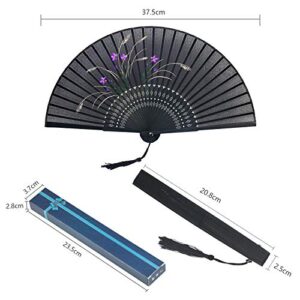 Black Hand Fan Metable Silk Fabric Orchid Pattern Bamboo Handheld Folding Fan Chinese Oriental Style Handmade For DIY Wall Decoration Wedding Party Dancing Show Props Gift Boxed