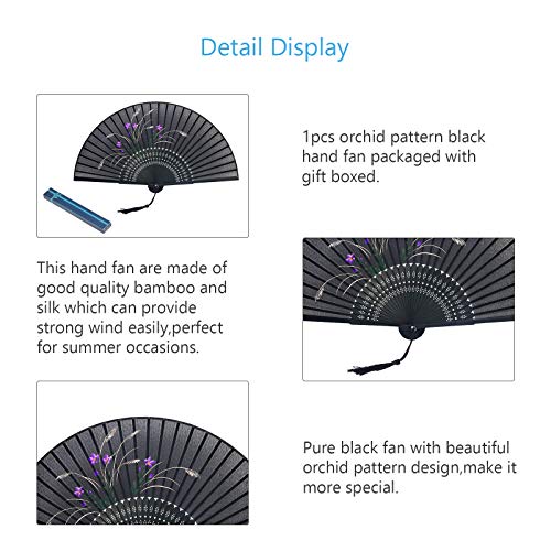 Black Hand Fan Metable Silk Fabric Orchid Pattern Bamboo Handheld Folding Fan Chinese Oriental Style Handmade For DIY Wall Decoration Wedding Party Dancing Show Props Gift Boxed