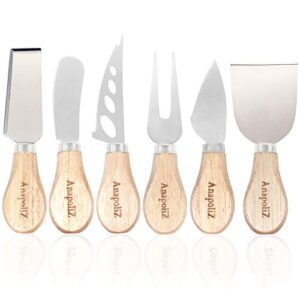 anapoliz cheese knife set 6 piece | stainless steel, wooden handles knives | narrow plane knife, cheese fork, small spade, spreader, shaver, open work blade | gourmet cheese 6 pcs knife set