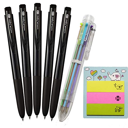 Uniball Signo RT Gel Ink Black Ballpoint Pens 0.28mm Pack of 5 Set Rubber Grip and Click Retractable, Ultra Fine Point Pens with 6 Color Ballpoint Pen and Sticky Notes