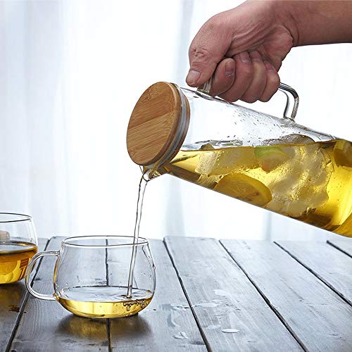 Glass Pitcher with Bamboo Lid - High Heat Resistance Stovetop Safe Pitcher for Hot/Cold Water & Iced Tea (1200ML 42oz)