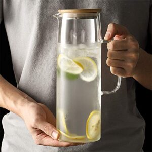 Glass Pitcher with Bamboo Lid - High Heat Resistance Stovetop Safe Pitcher for Hot/Cold Water & Iced Tea (1200ML 42oz)