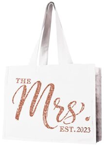 rose gold bride tote bag - giant size cotton canvas the mrs. est. 2023 rose gold glitter chic cotton canvas tote bag - bride kit, bridal gift - white tote(chic 2023 rsg) wht